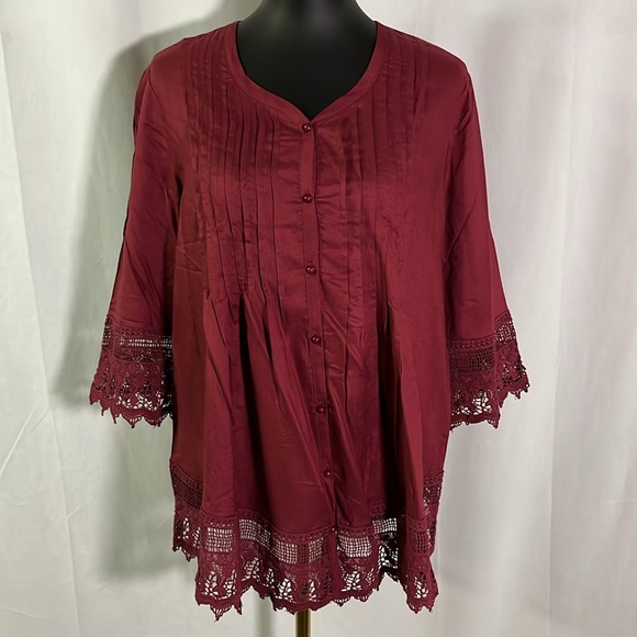 Blair Tops - 🛍 6 for $35 • NWOT Blair Burgundy Lace Accent Pleated Button Front Tunic Blouse